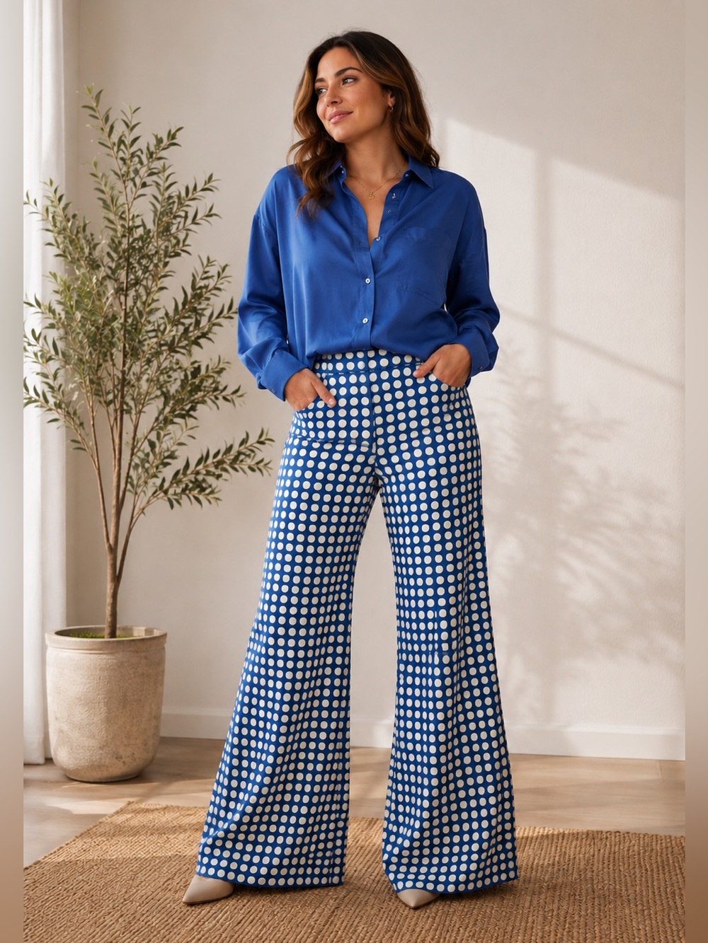 Sz L H&M Blue & Green Polka Dot Stretch Flare Leg Pants NWT